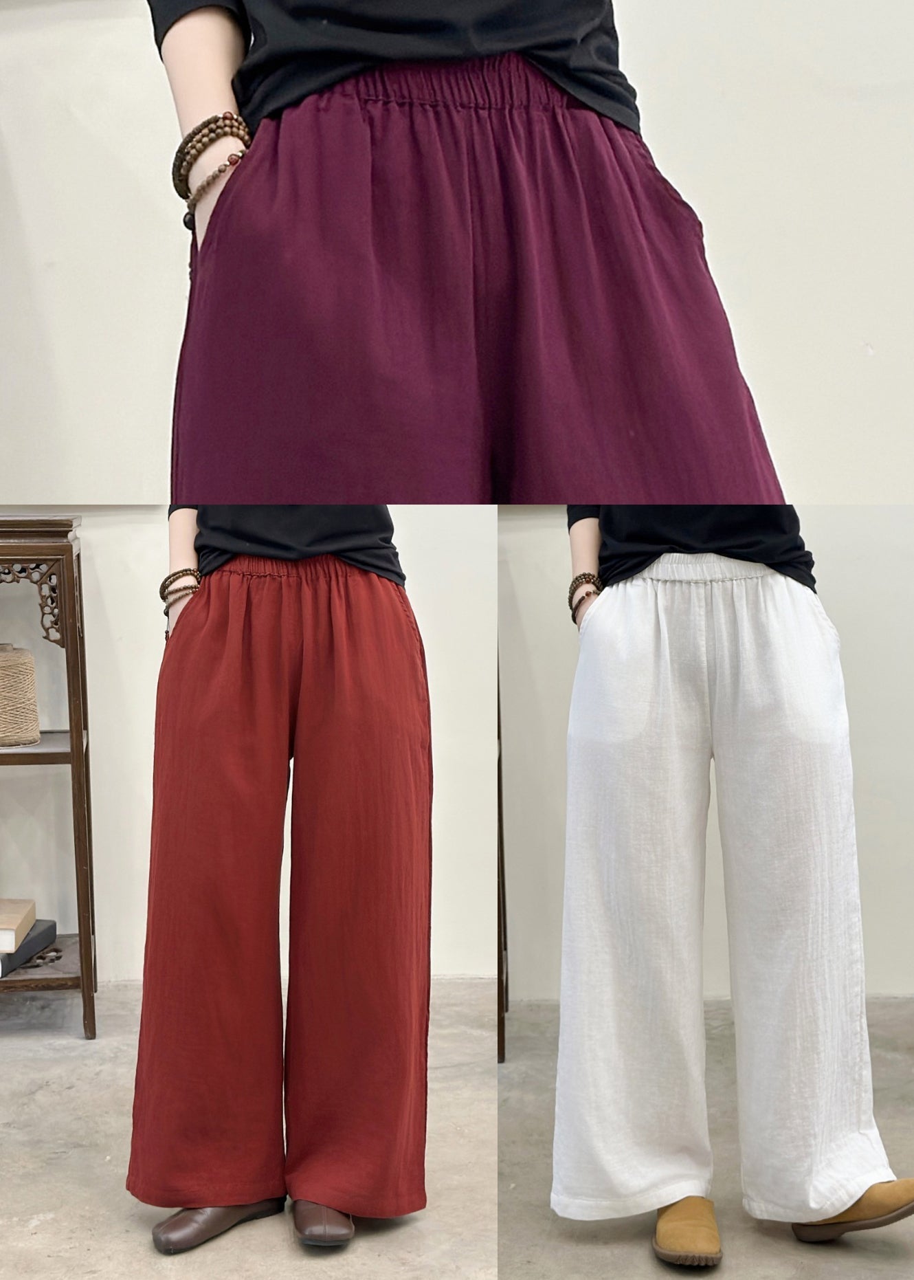 White Elastic Waist Linen Straight Pants Summer