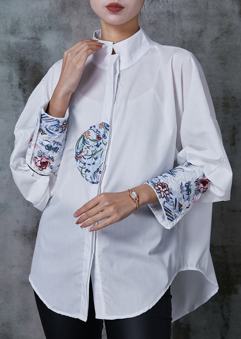 White Embroidered Cotton Shirt Tops Summer