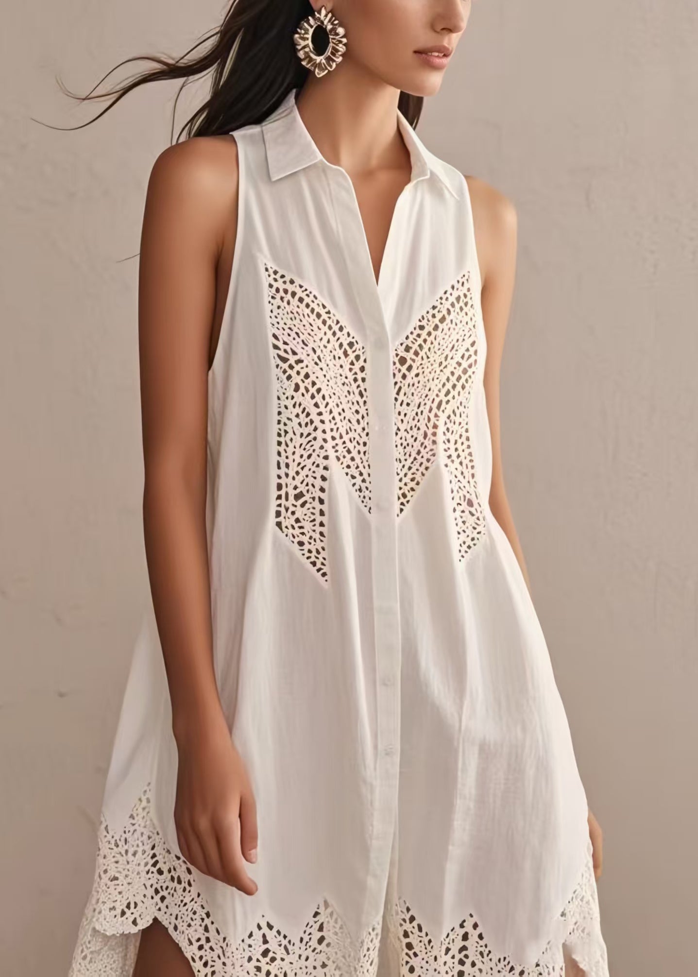 White Hollow Out Cotton Day Dress Sleeveless