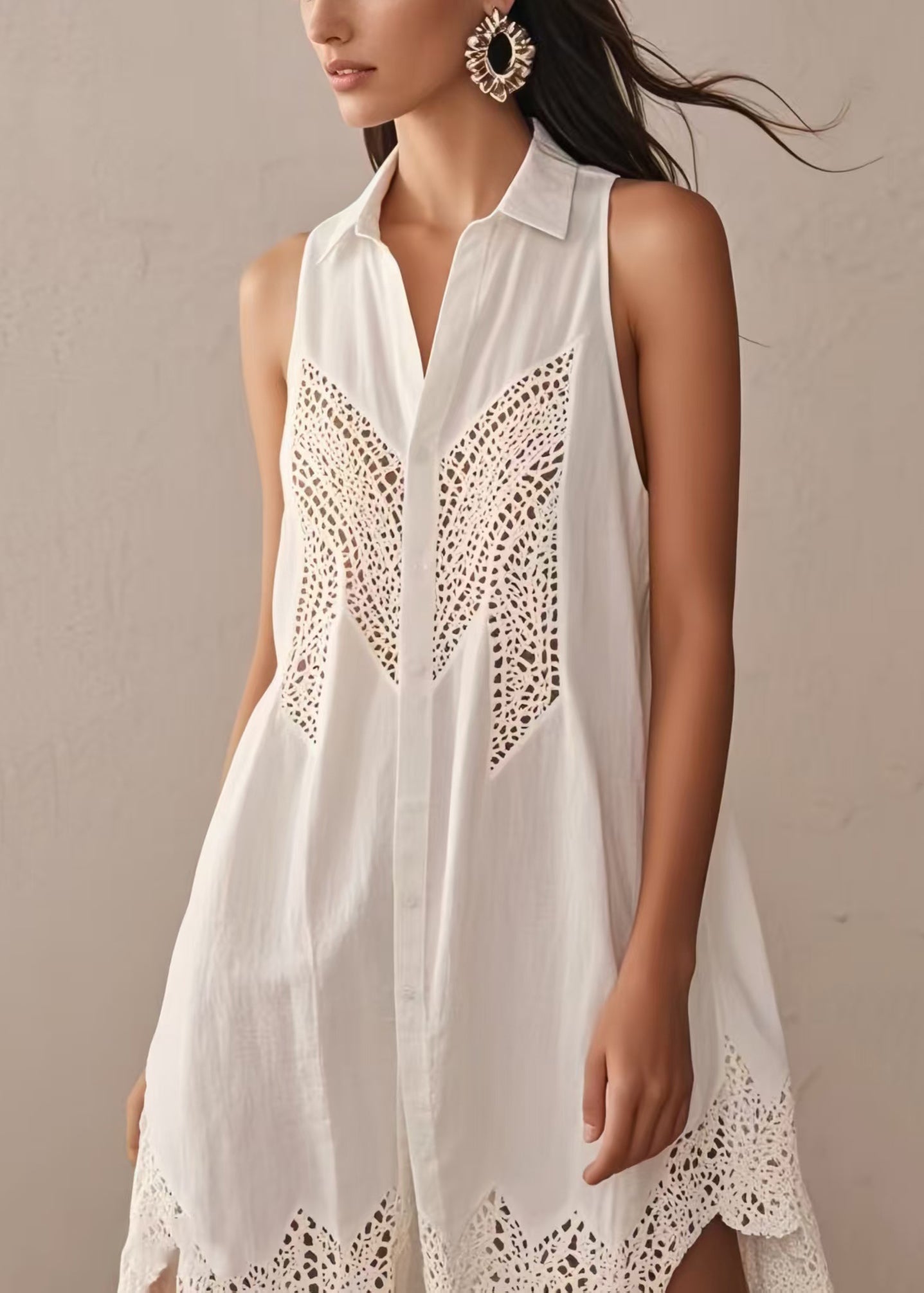 White Hollow Out Cotton Day Dress Sleeveless