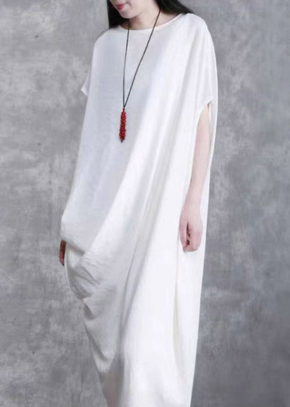 White O-neck Asymmetrical Wrinkled Linen Dress Short Sleeve