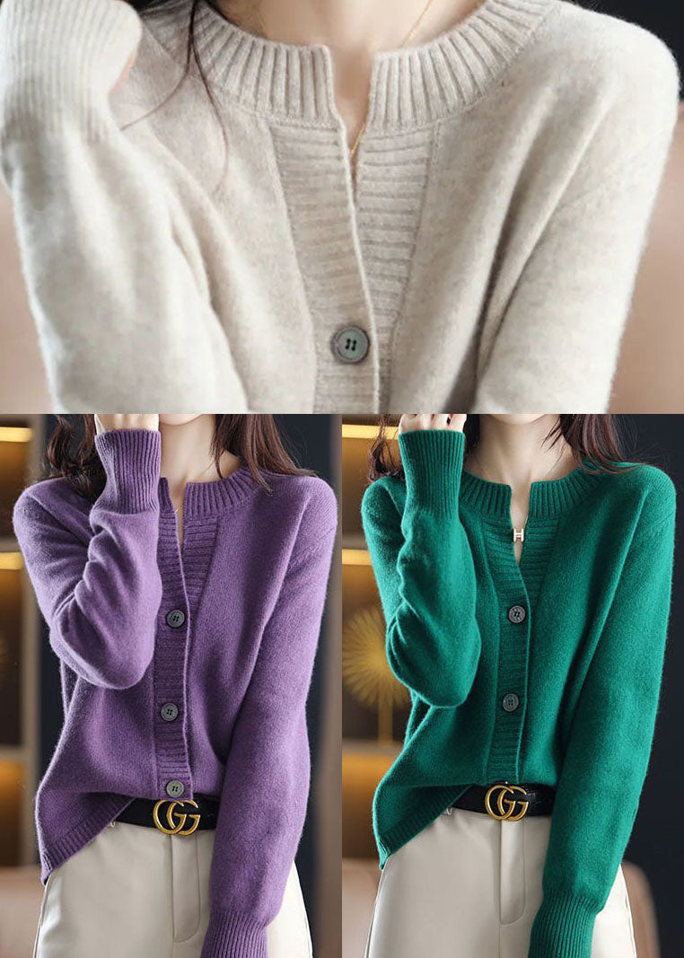 White O-neck Button Woolen Knit Coat Outwear Winter