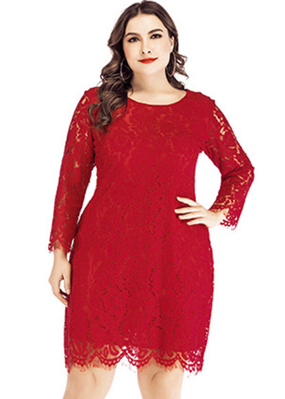 White O-neck Lace Mid Dresses Long Sleeve