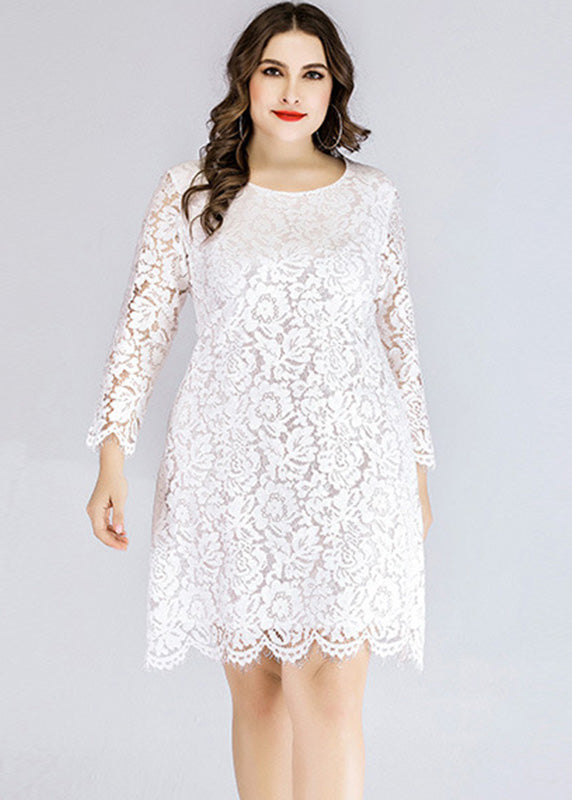White O-neck Lace Mid Dresses Long Sleeve