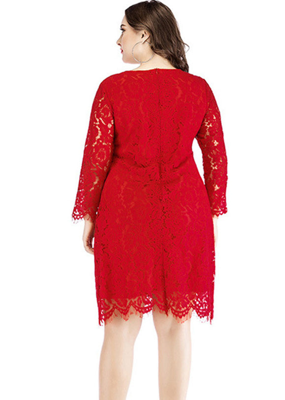 White O-neck Lace Mid Dresses Long Sleeve