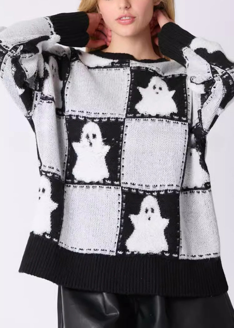 White O Neck Plaid Knit Sweater Long Sleeve