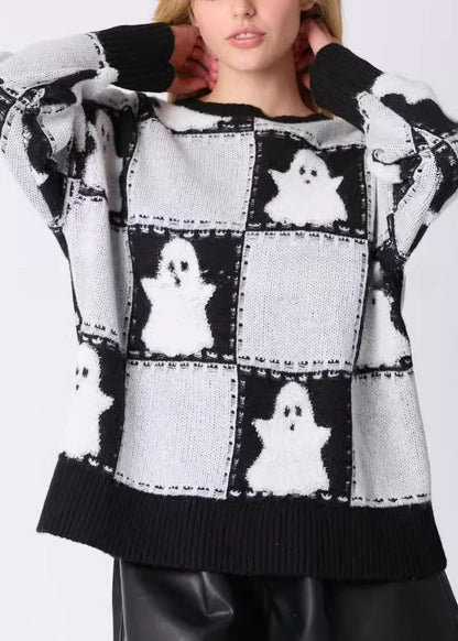 White O Neck Plaid Knit Sweater Long Sleeve