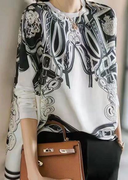 White O Neck Print Patchwork Silk T Shirt Top Spring