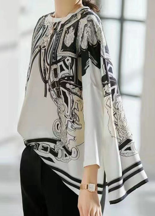 White O Neck Print Patchwork Silk T Shirt Top Spring