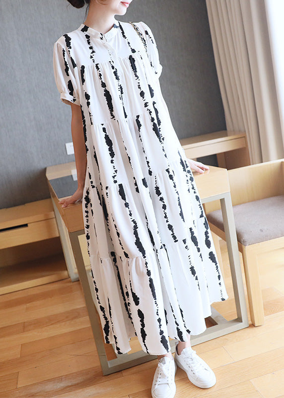 White O-neck Striped Print Wrinkled Button Maxi Dresses Summer