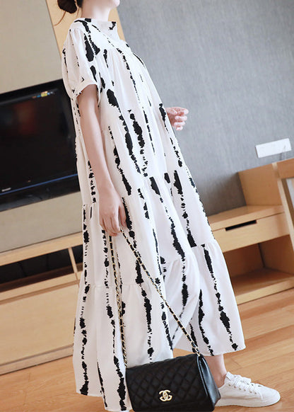 White O-neck Striped Print Wrinkled Button Maxi Dresses Summer