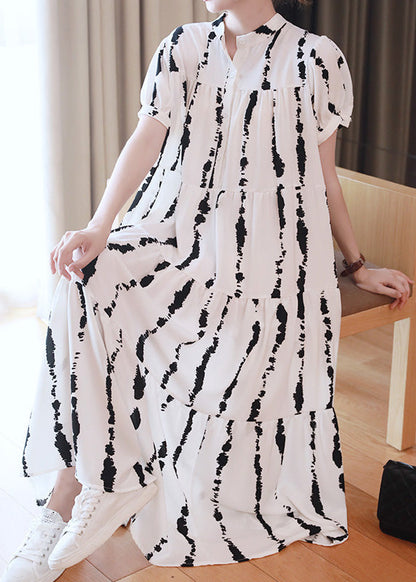 White O-neck Striped Print Wrinkled Button Maxi Dresses Summer