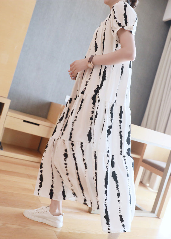 White O-neck Striped Print Wrinkled Button Maxi Dresses Summer
