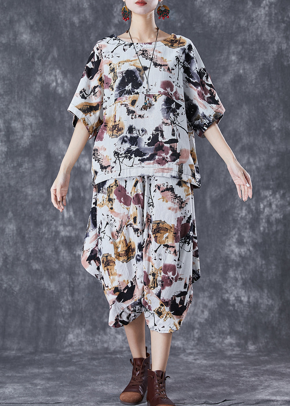 White O-neck Tie Dye Linen Two Pieces Set Summer