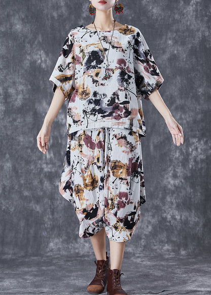 White O-neck Tie Dye Linen Two Pieces Set Summer