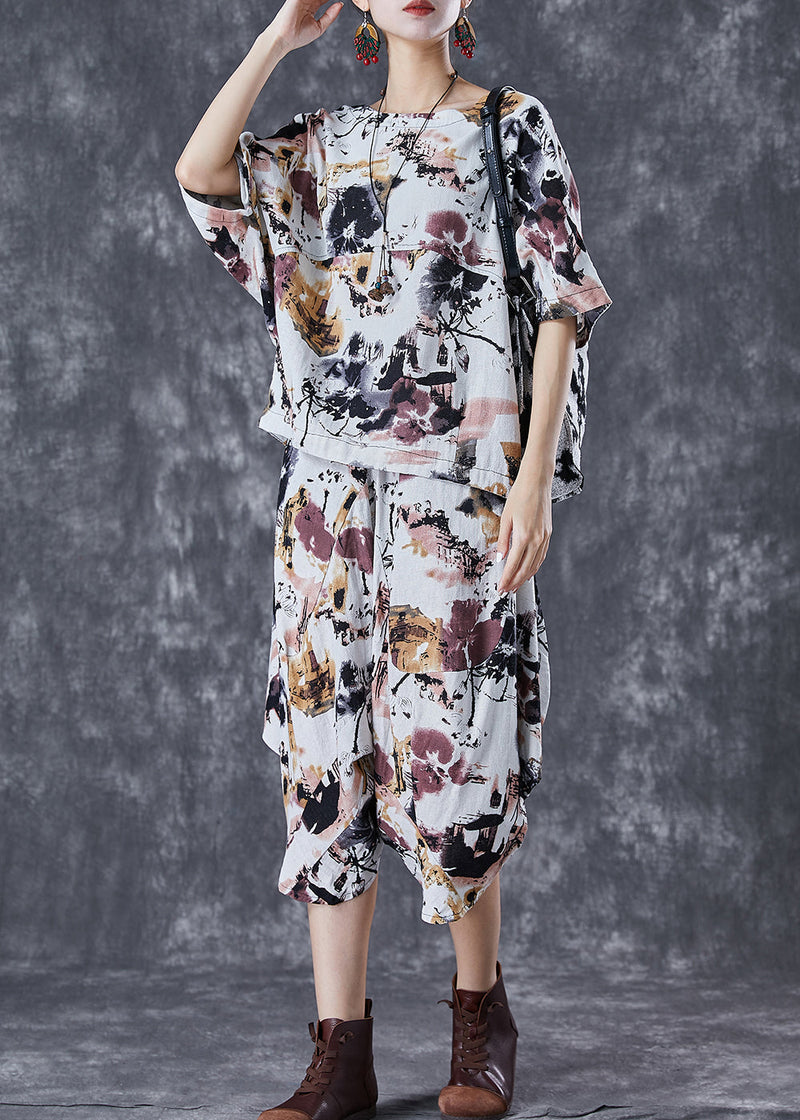 White O-neck Tie Dye Linen Two Pieces Set Summer
