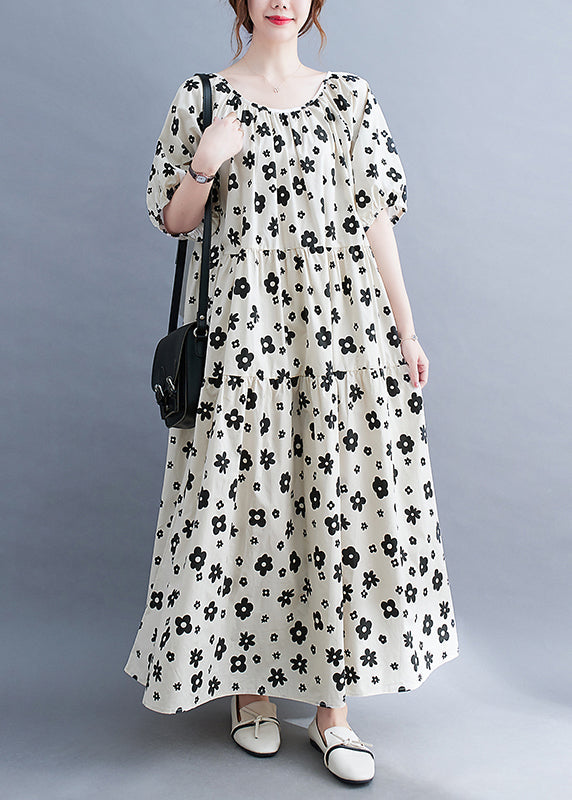 White O-neck Wrinkled Print Beach Dress Short Sleeve