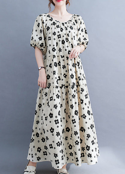 White O-neck Wrinkled Print Beach Dress Short Sleeve