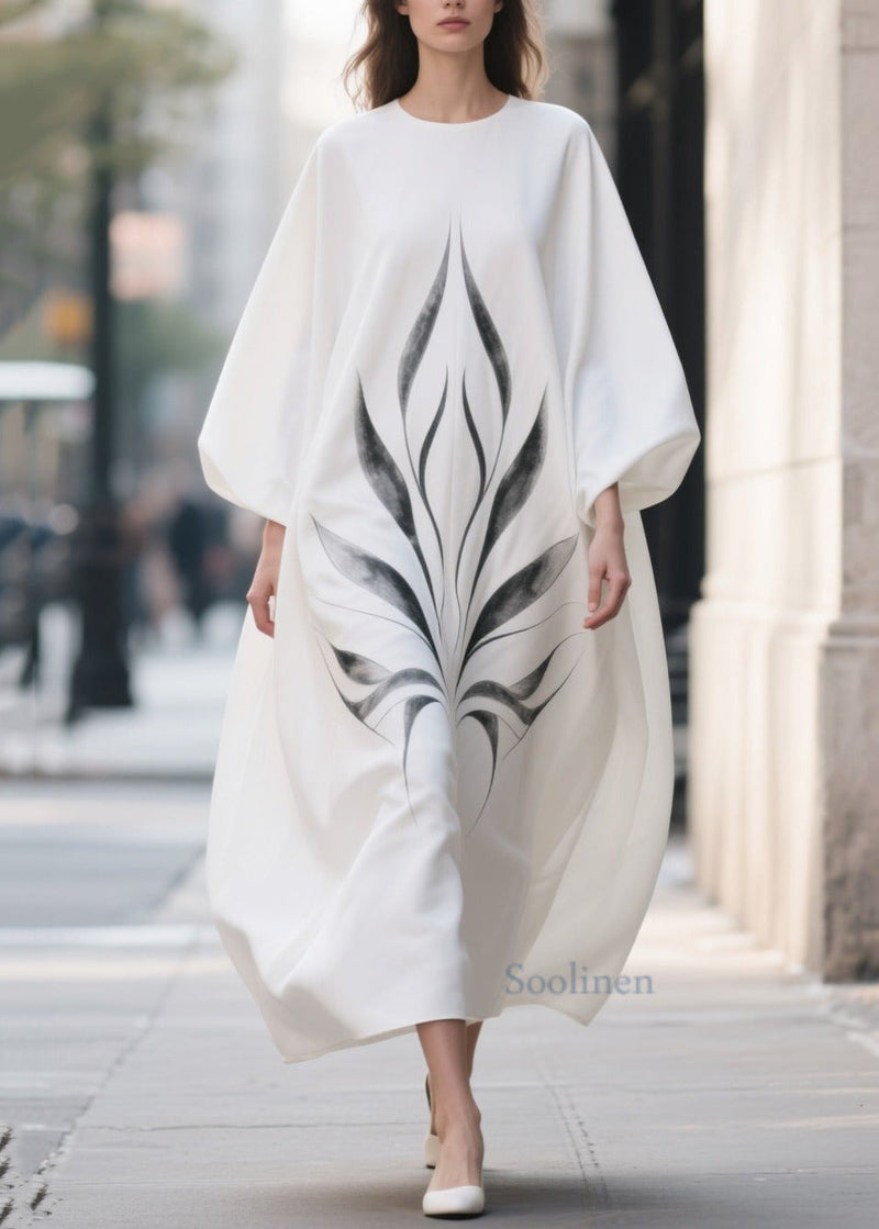 White Oversized Print Chiffon Dress Lantern Sleeve