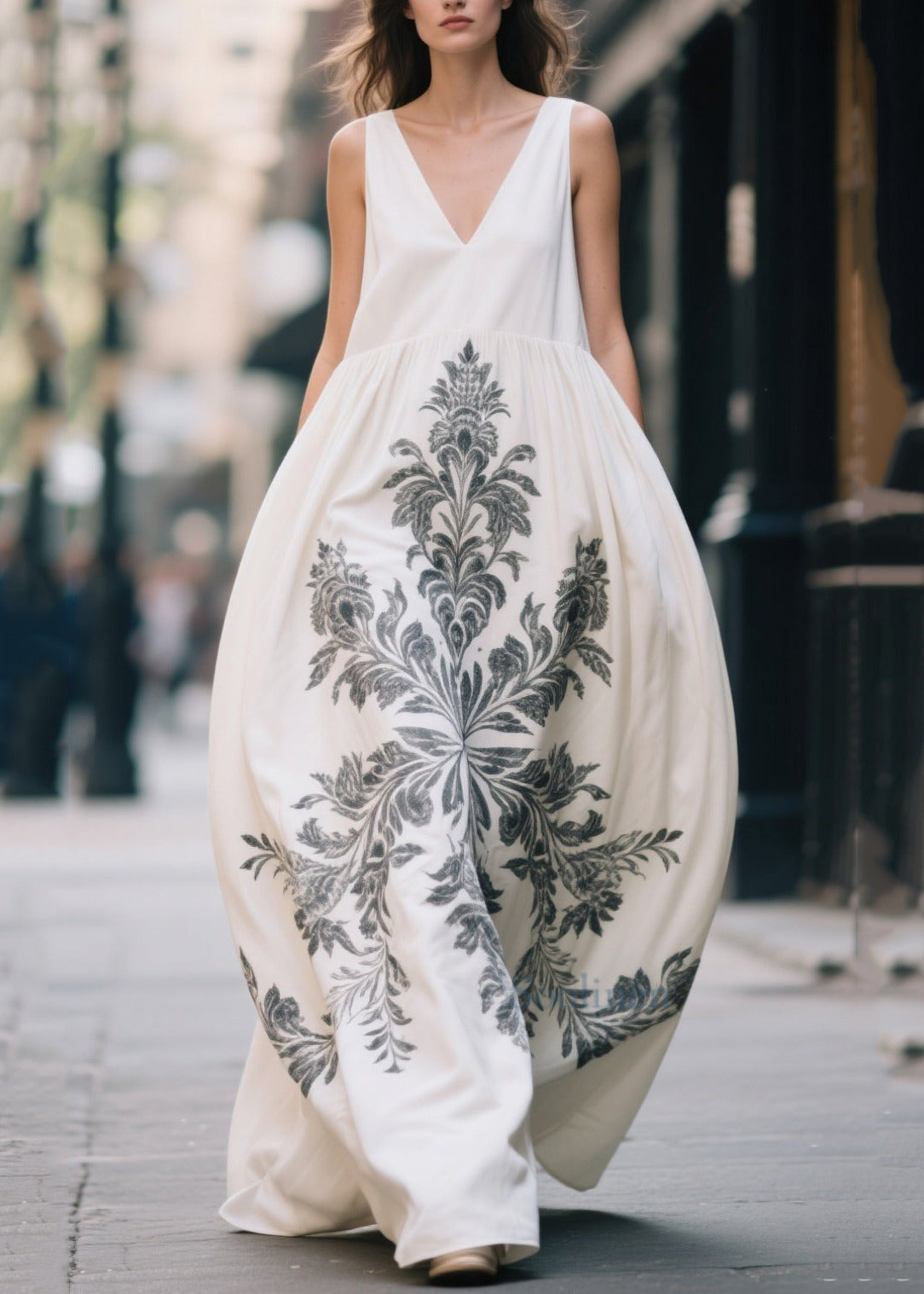 White Oversized Print Cotton Maxi Dress Summer