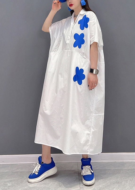 White Peter Pan Collar Print Long Dresses Short Sleeve