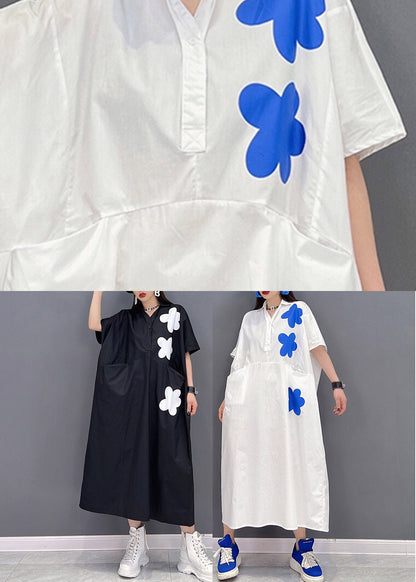 White Peter Pan Collar Print Long Dresses Short Sleeve