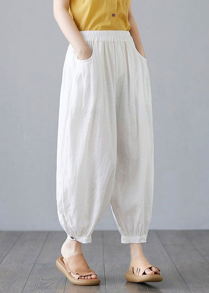 White Pockets Elastic Waist Cotton Lantern Pants Spring