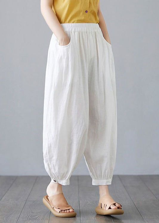 White Pockets Elastic Waist Cotton Lantern Pants Spring