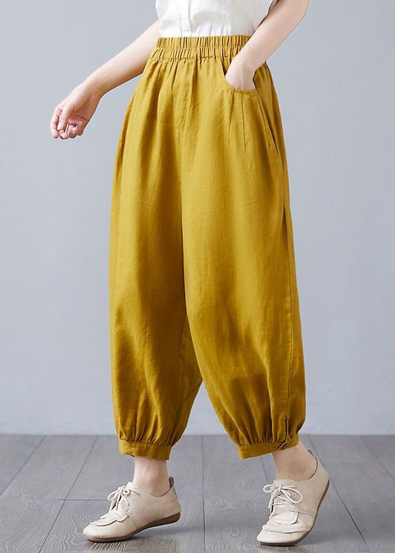 White Pockets Elastic Waist Cotton Lantern Pants Spring