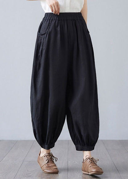 White Pockets Elastic Waist Cotton Lantern Pants Spring