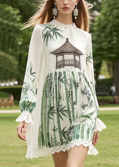 White Print Patchwork Lace Chiffon Work Dress Summer