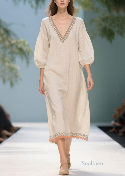 White Puff Sleeve Patchwork Linen Dresses