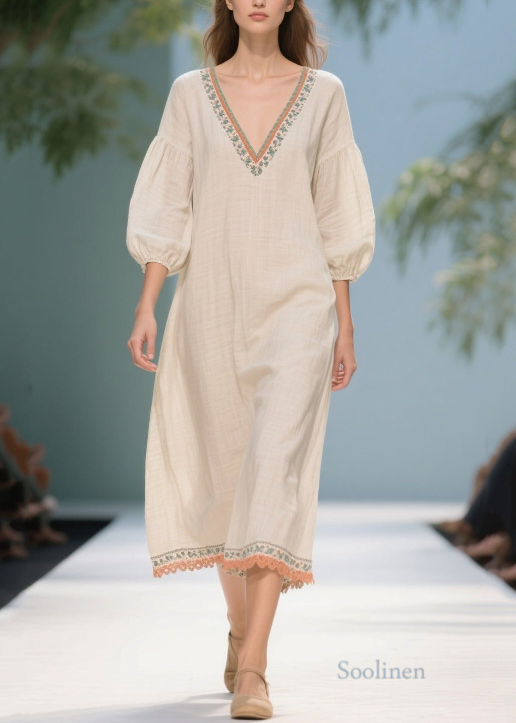 White Puff Sleeve Patchwork Linen Dresses