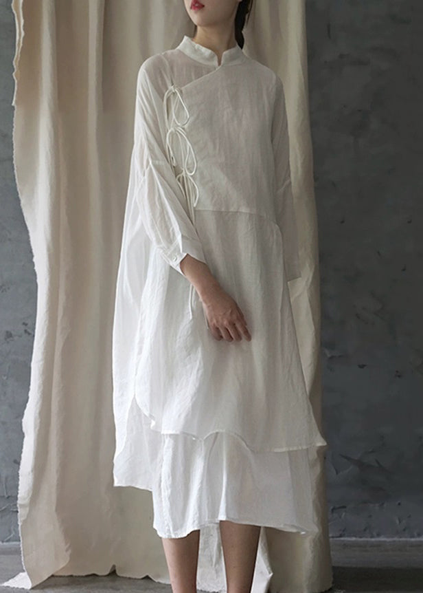 White Stand Collar Lace Up Cotton Shirt Dress Bracelet Sleeve
