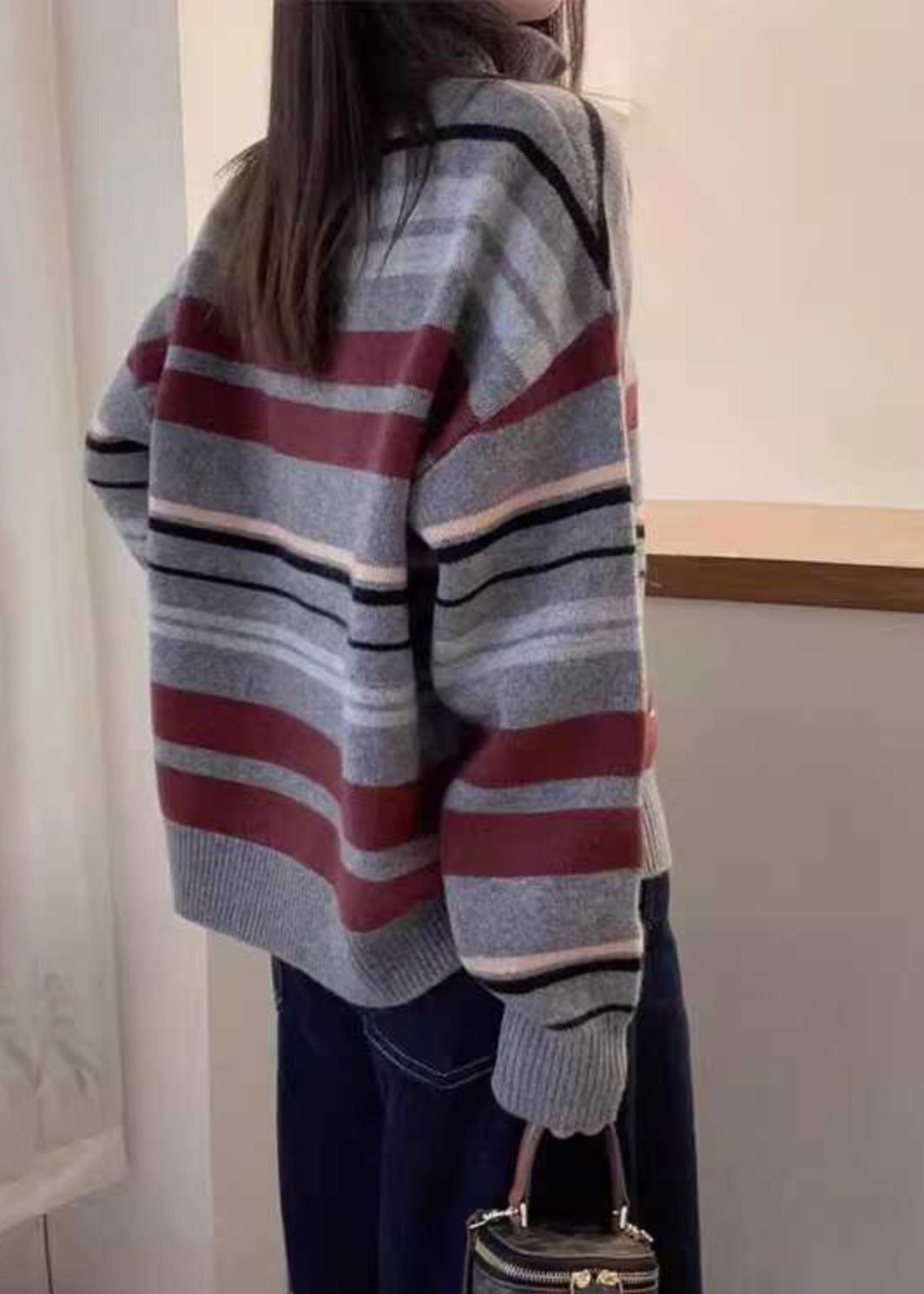 White Striped Patchwork Zippered Cotton Knit Sweaters Fall