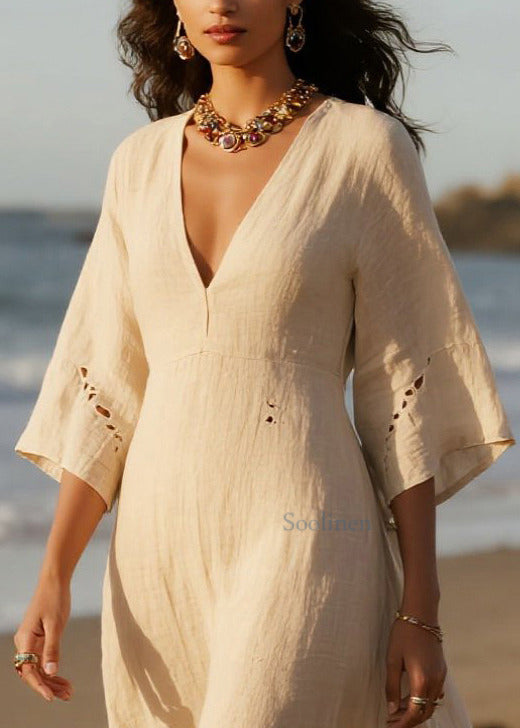 White V Neck Hollow Out Cotton Holiday Dress Summer