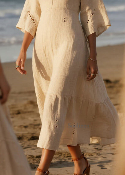 White V Neck Hollow Out Cotton Holiday Dress Summer
