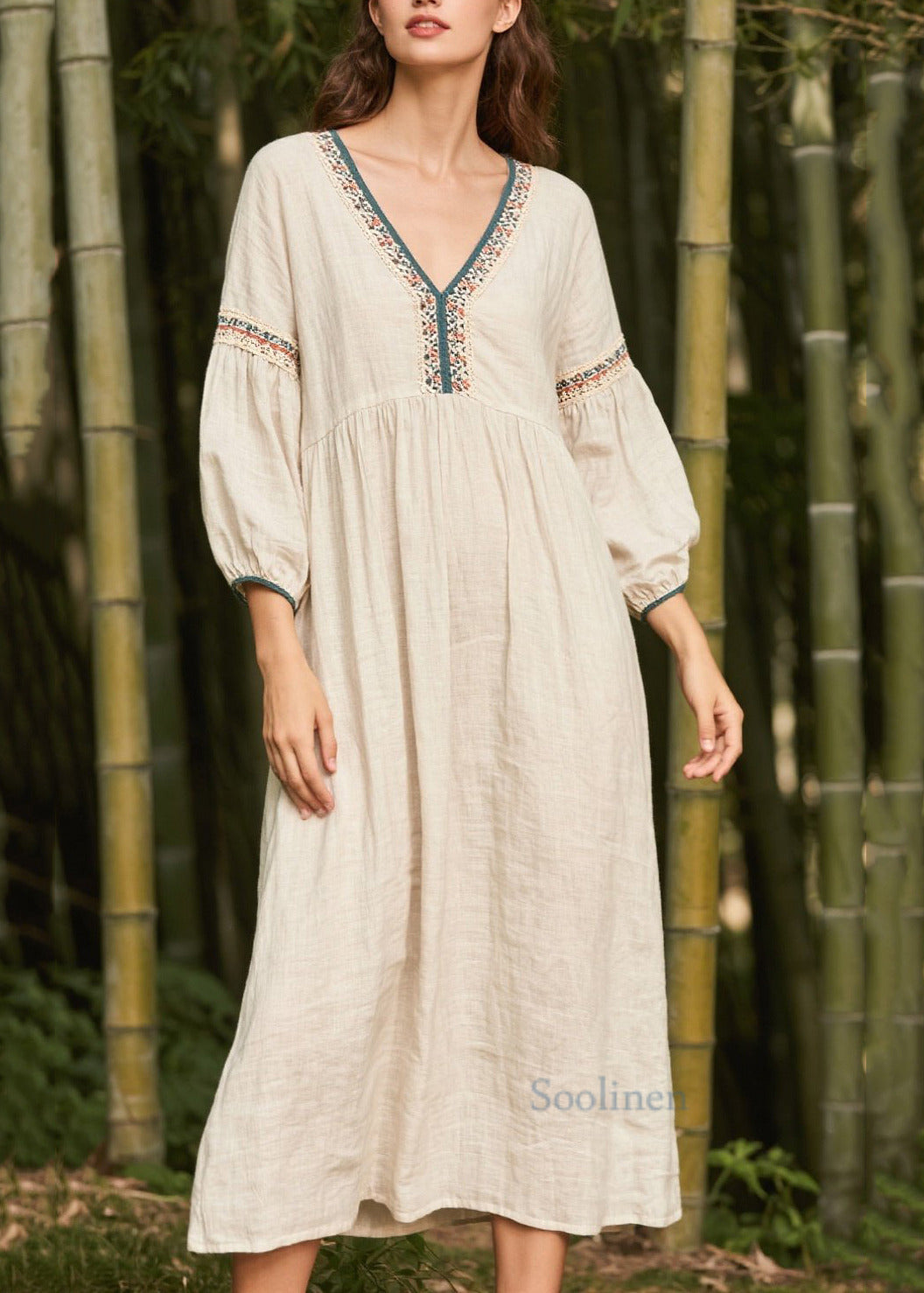 White V Neck Patchwork Linen Dress Bracelet Sleeve