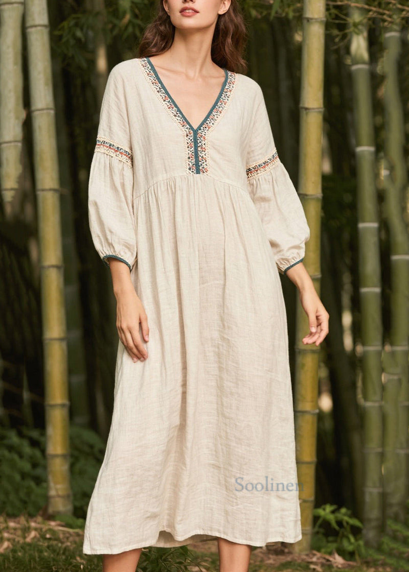 White V Neck Patchwork Linen Dress Bracelet Sleeve