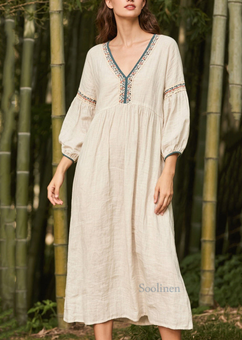 White V Neck Patchwork Linen Dress Bracelet Sleeve