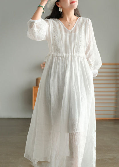 White Wrinkled Embroideried Patchwork Linen Holiday Dress Lantern Sleeve