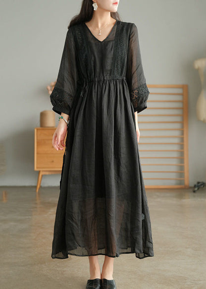 White Wrinkled Embroideried Patchwork Linen Holiday Dress Lantern Sleeve