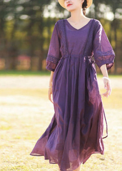 White Wrinkled Embroideried Patchwork Linen Holiday Dress Lantern Sleeve