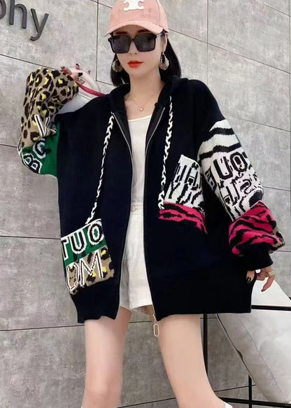 White Zippered Hooded Graphic Knit Coat Spring