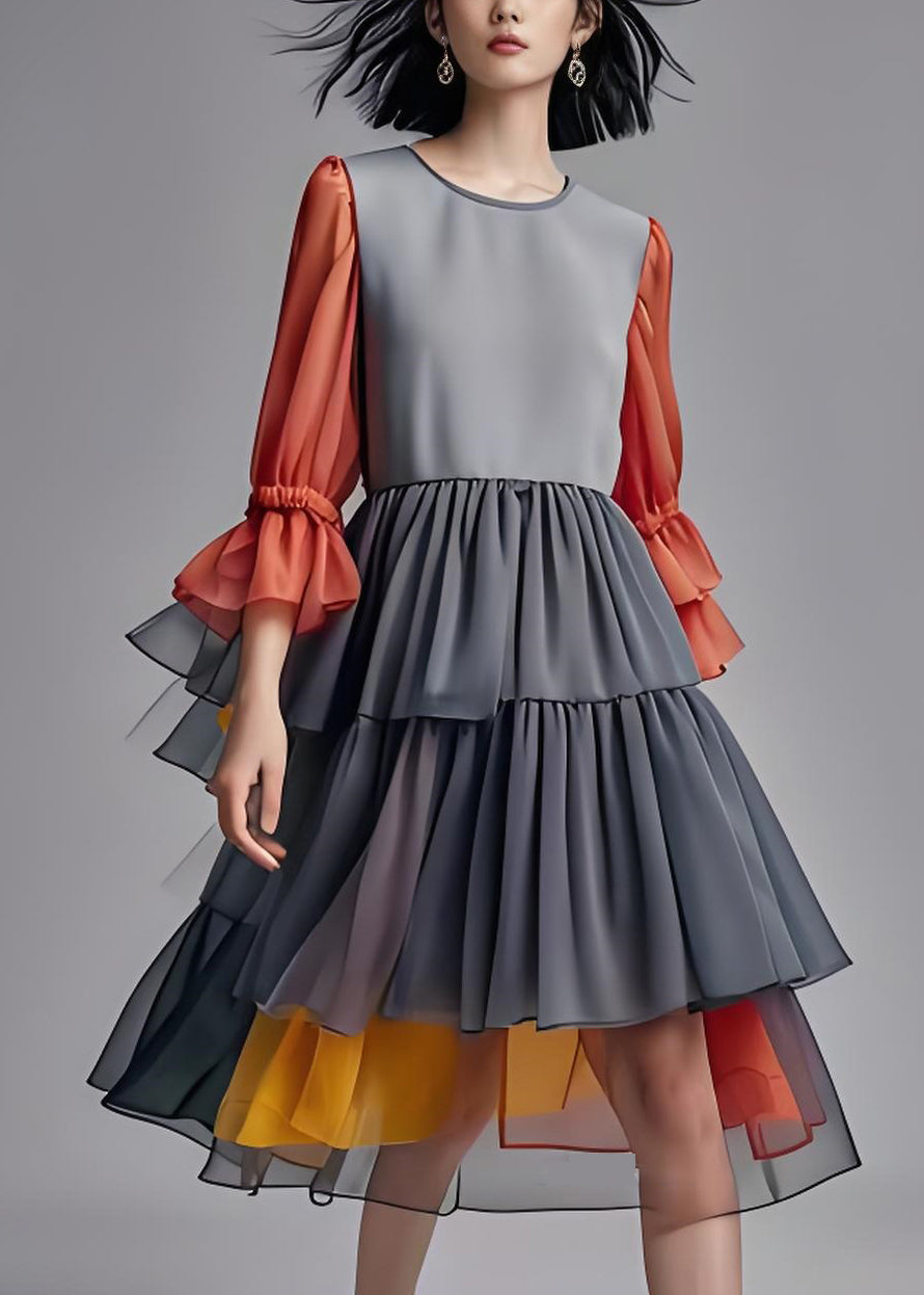 Wrinkled Layered Patchwork Chiffon Dresses Summer