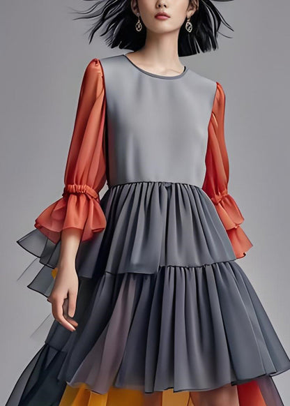 Wrinkled Layered Patchwork Chiffon Dresses Summer