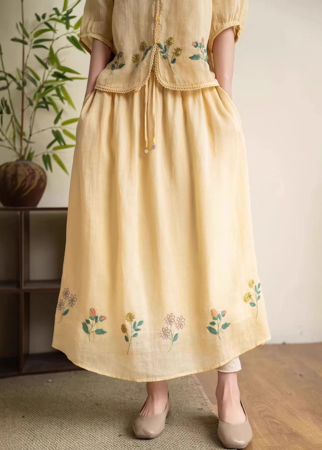 Yellow Embroidered Elastic Waist Linen Skirt Summer