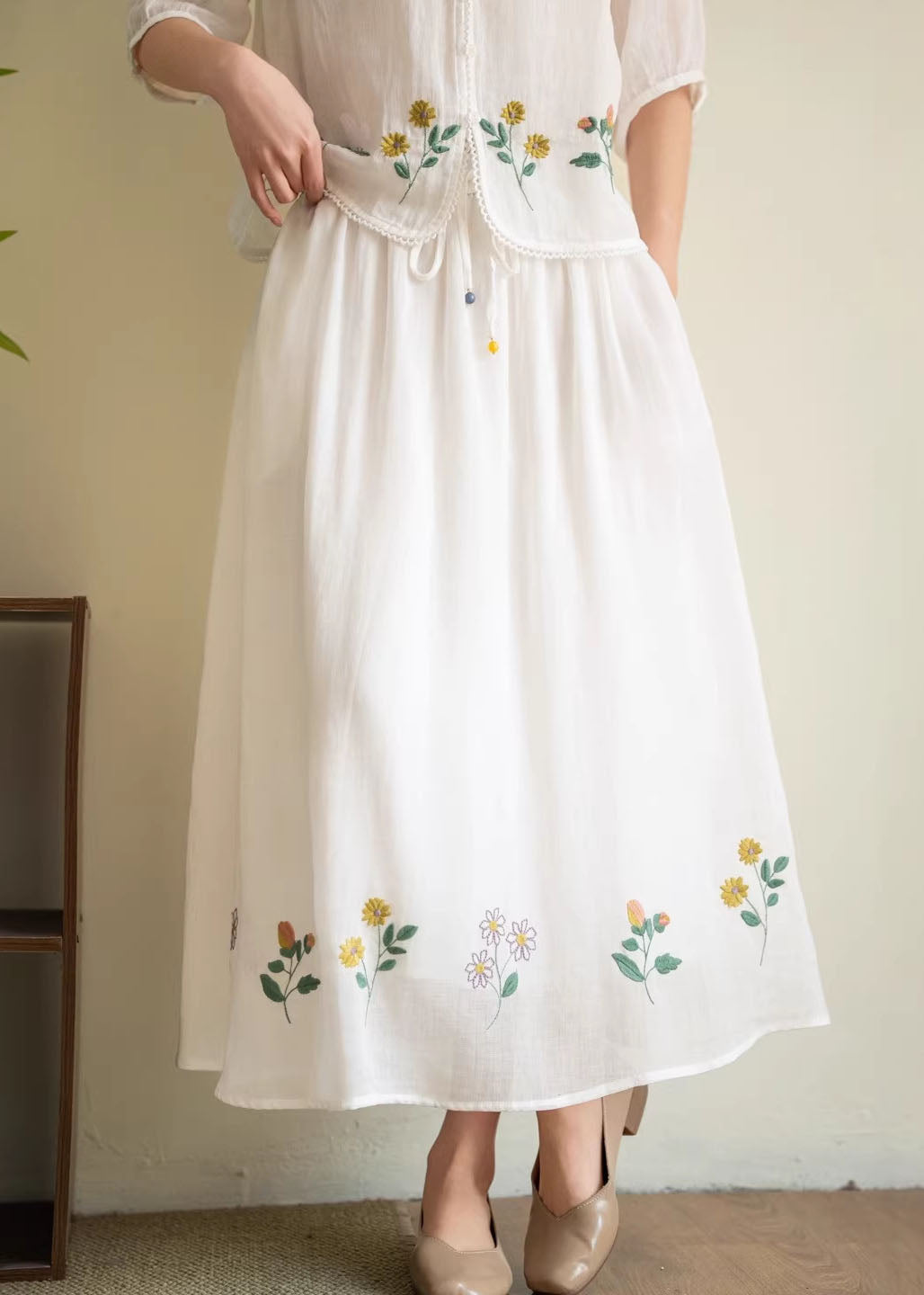 Yellow Embroidered Elastic Waist Linen Skirt Summer