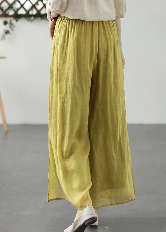 Yellow Embroidered Patchwork Linen Wide Leg Pants Summer