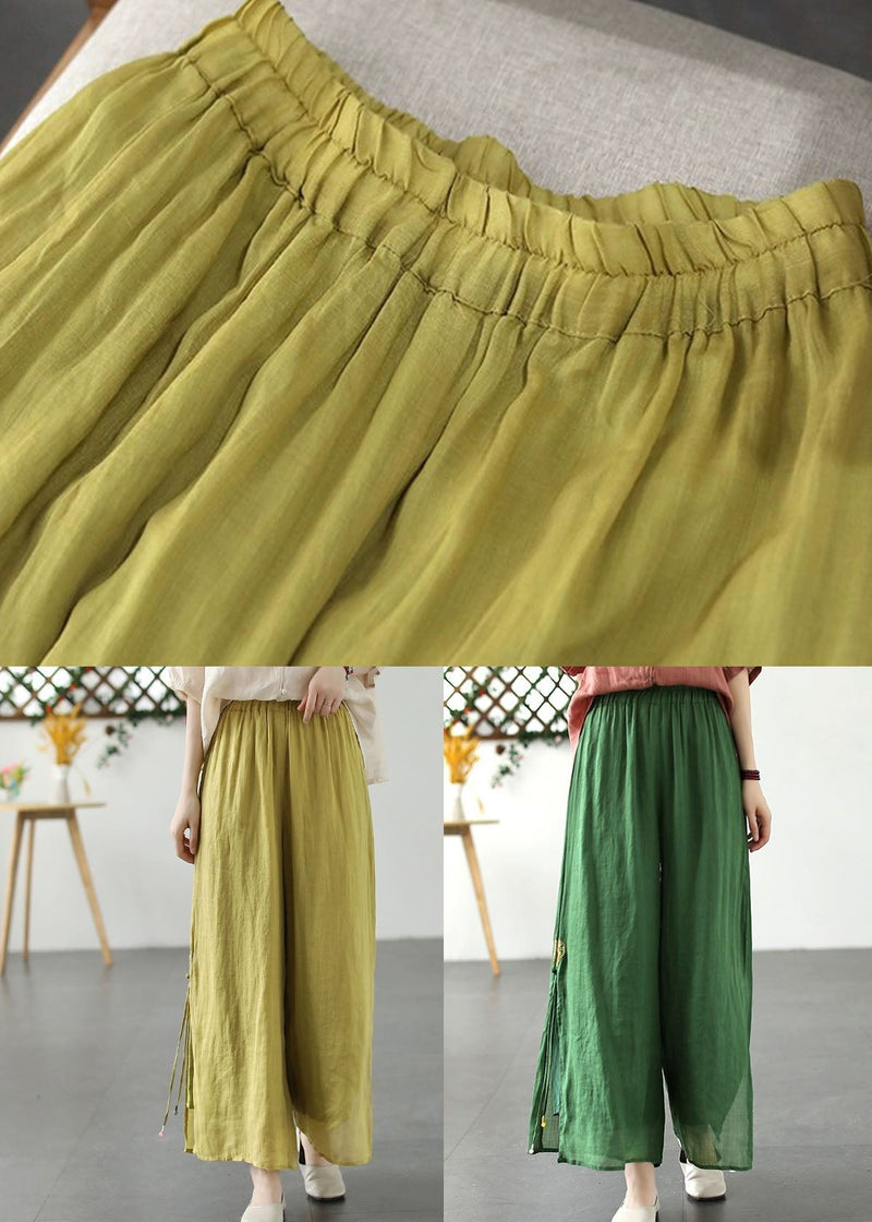 Yellow Embroidered Patchwork Linen Wide Leg Pants Summer